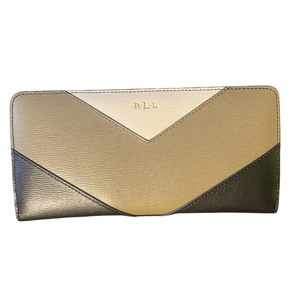 NWOT RARE Lauren Ralph Lauren Newbury Beige Olive Black Leather Wallet